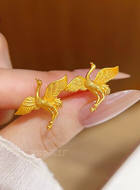 金色饰品古法点钻仙鹤耳钉女款轻奢小众设计感高级耳环