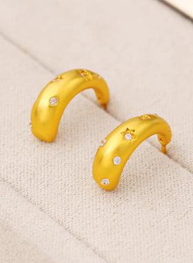 金色饰品 耳钉 复古气质微镶钻圆形八芒星钛钢耳圈素圈高端首饰