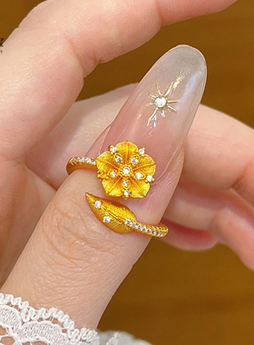 金包银拉丝山茶花戒指女款古法金戒指送女友礼物