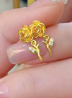 金色饰品 玫瑰花耳钉女轻奢小众设计感高级气质百搭耳环