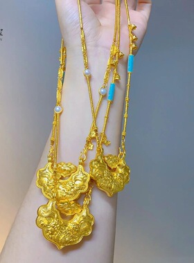 金包银錾刻双鱼锦鲤锁包项链女平安锁吊坠毛衣链