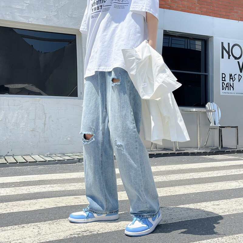 夏季薄款九分破洞牛仔裤男阔腿直筒宽松百搭潮流港风ins高街休闲