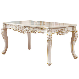 欧式大理石方桌 美式别墅餐厅实木雕花长方形6人白色小户型餐桌