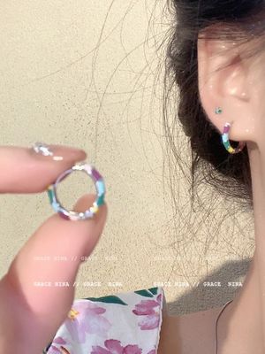 白百何同款彩色滴釉珐琅圆圈耳环女高级感复古耳圈耳扣2023新款潮