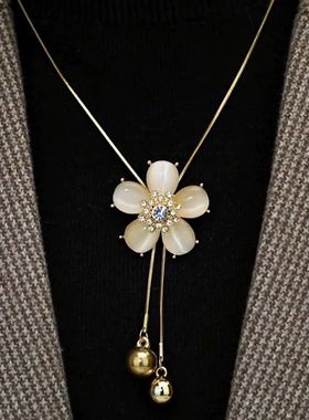 时尚精致花朵项链女长款流苏吊坠轻奢气质高级感毛衣链