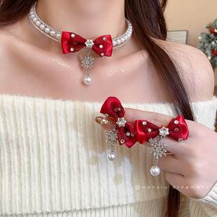 超仙甜美红色蝴蝶结流苏项链耳环轻奢小众锁骨链小众设计首饰套装