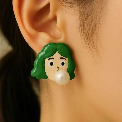 绿色爆炸头小女孩卡通耳钉个性时尚卡通亚克力耳饰女