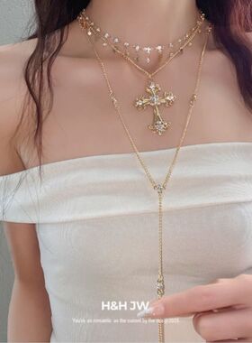 复古多层巴洛克风双层叠十字架项链小众高级甜酷毛衣锁骨颈链辣妹