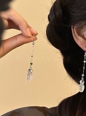 「青绿」新中式国风绿珠仿白玉水滴吊坠耳环小众古风气质耳饰女