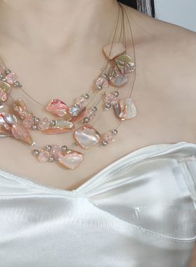 【粉贝潮汐】独特多层粉色不规则碎石项链夸张小众设计锁骨链颈链