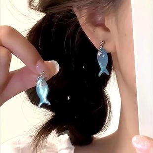 復(fù)古薄荷曼波貝母小魚(yú)耳扣女新中式 森系流蘇鋯石耳飾簡(jiǎn)約無(wú)痛耳夾