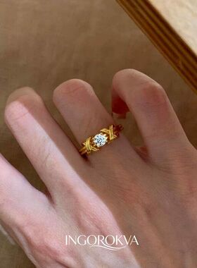 中古风复古金色交叉绑带钻戒戒指女精致小众设计新款高级气质指环