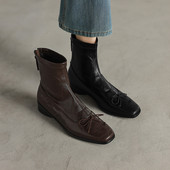 巨巨柔软 羊皮复古蝴蝶结粗跟短靴女方头弹力瘦瘦靴马丁靴小踝靴