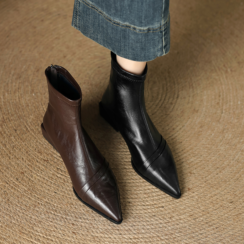 真皮后拉链短靴女秋冬新款法式
