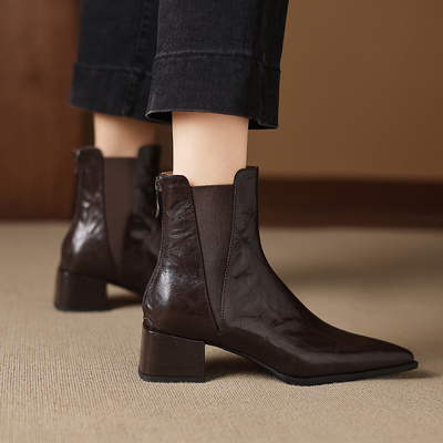 真皮粗跟切尔西靴子尖头马丁靴