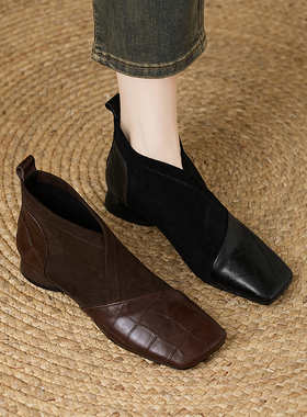 法式复古压花牛皮绒面拼接V口及裸靴百搭方头粗跟一脚蹬小皮鞋女