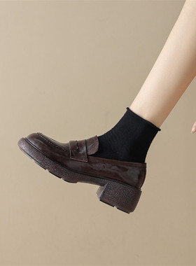 镇店之宝！踩屎感！复古JK英伦学院黑色圆头厚底乐福鞋羊皮女单鞋