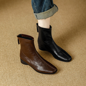 法式 气质洋气方头低跟短靴粗跟弹力单靴 复古瘦瘦靴女马丁靴秋冬季