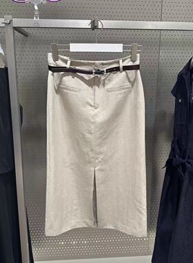 LIL*商场同款前开叉H型亚麻时尚职业修身中长款半身裙125240C6249