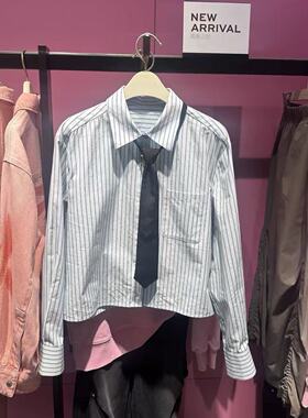 鸟+商场同款春学院风制服内搭短款可拆卸领带条纹衬衫女A1CAF1341