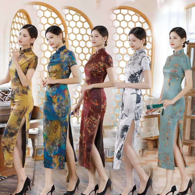 2026夏秋新款短袖长款绸缎年轻中国风显瘦旗袍裙大码妈妈女装批发