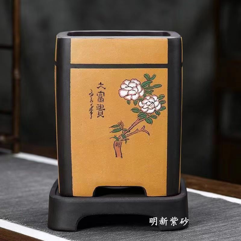 宜兴特大四方签筒紫砂花盆