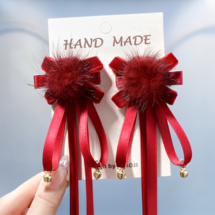 新年发饰儿童红色蝴蝶结发夹女童漂亮头花宝宝飘带发卡公主头饰