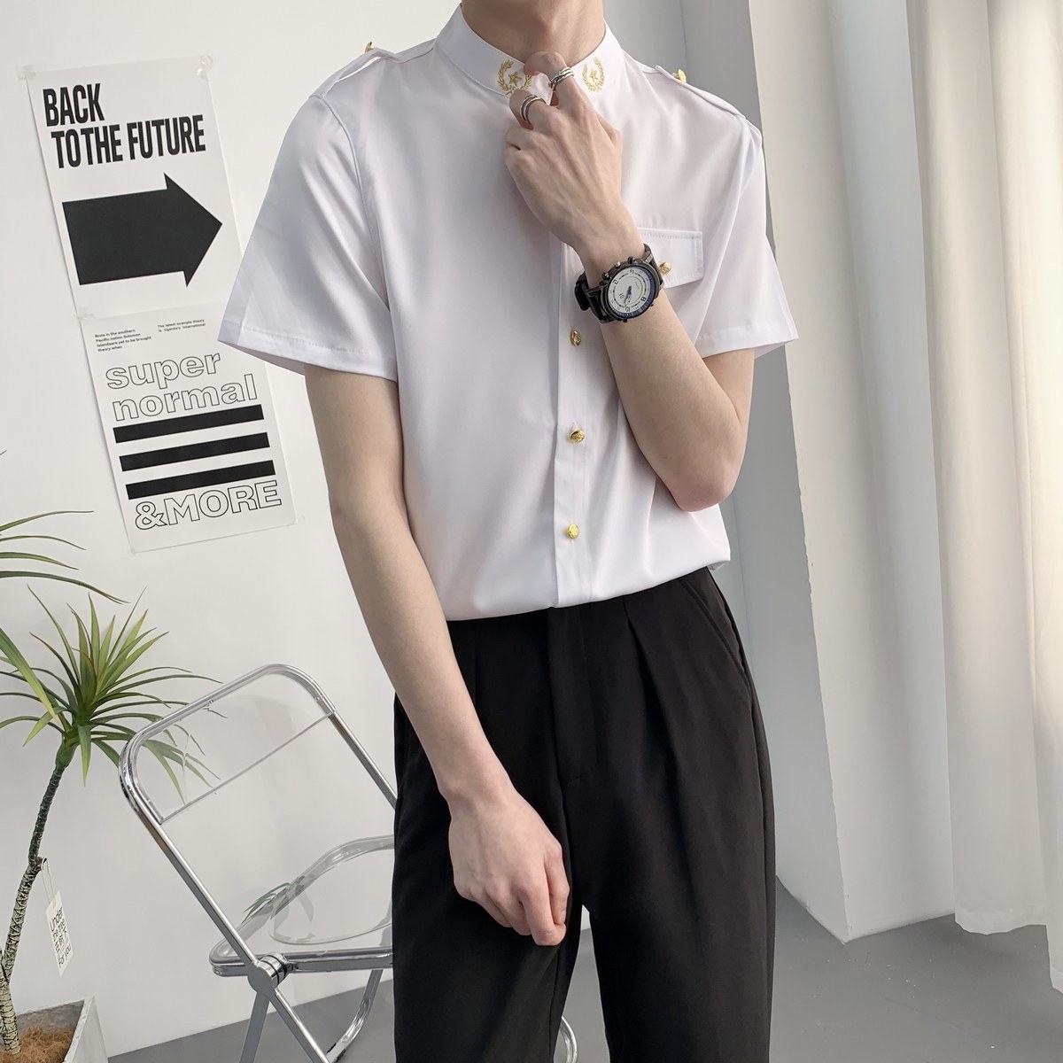714A-D607P45控69/2025夏季新款工作服衬衫短袖立领制服衬衣潮,男装T恤,星座714A（原电商C314）