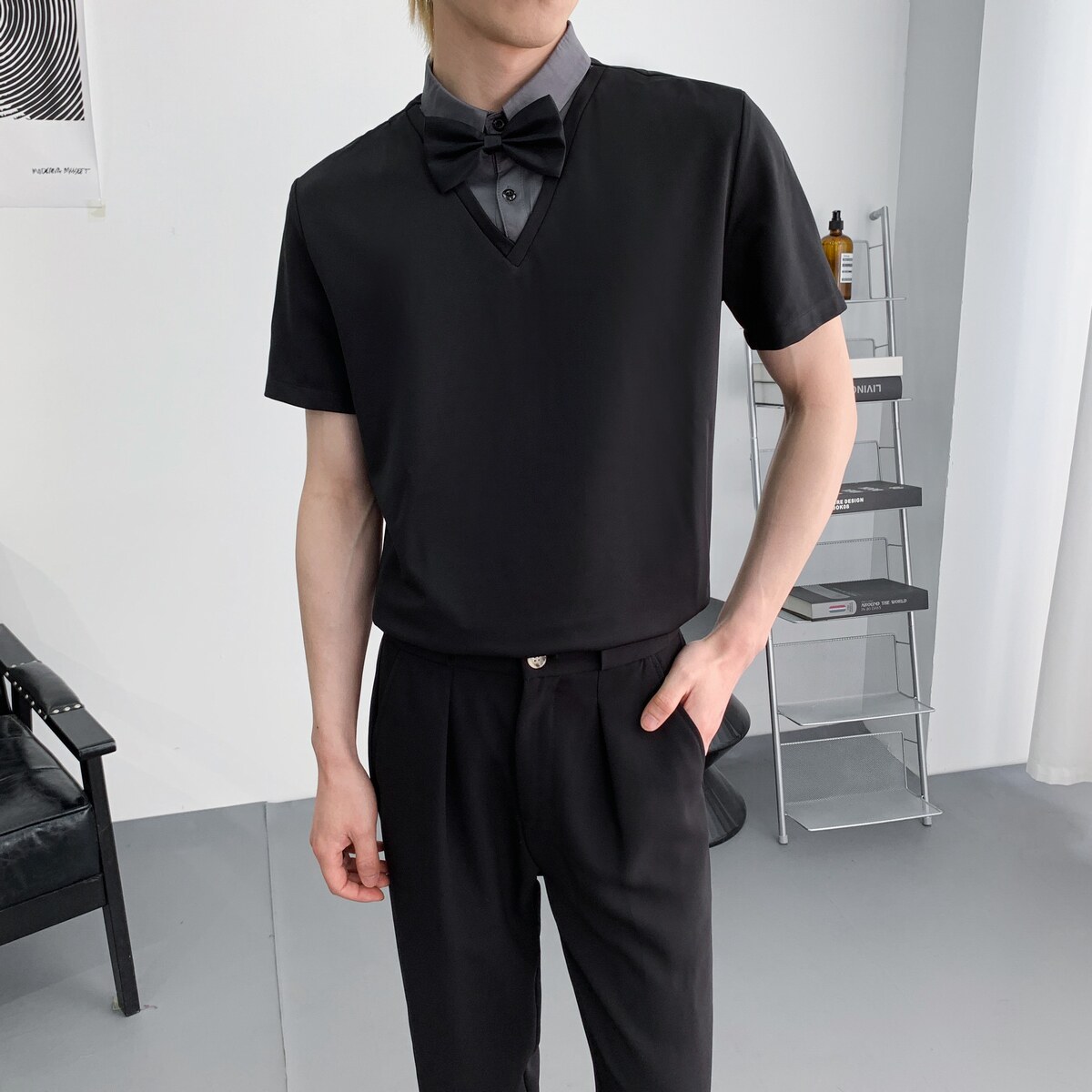 714A-D3080P45控69/2025夏套头假两件衬衫理发店ktv台球城工作服,男装衬衫,星座714A（原电商C314）