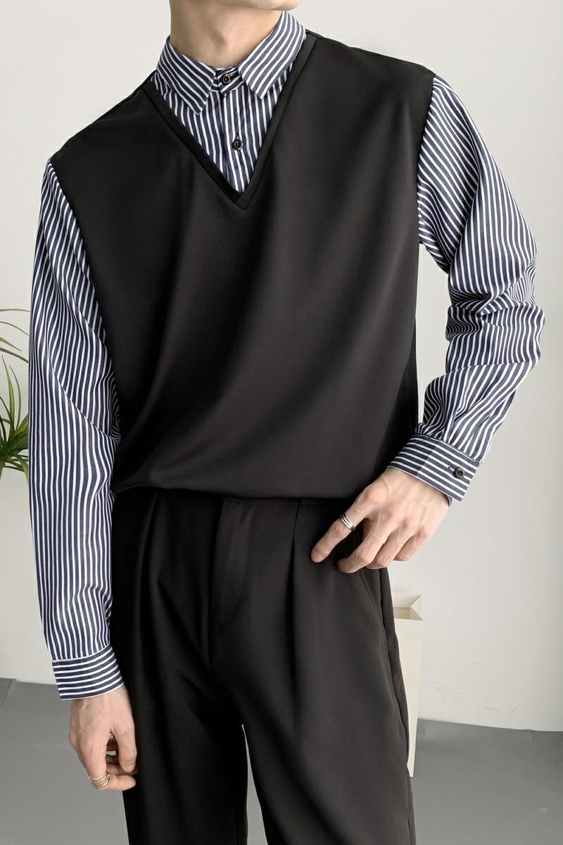 714A-H3049P55控88/2025春季新款假两件条纹拼接衬衫工作服衬衣潮,男装衬衫,星座714A（原电商C314）