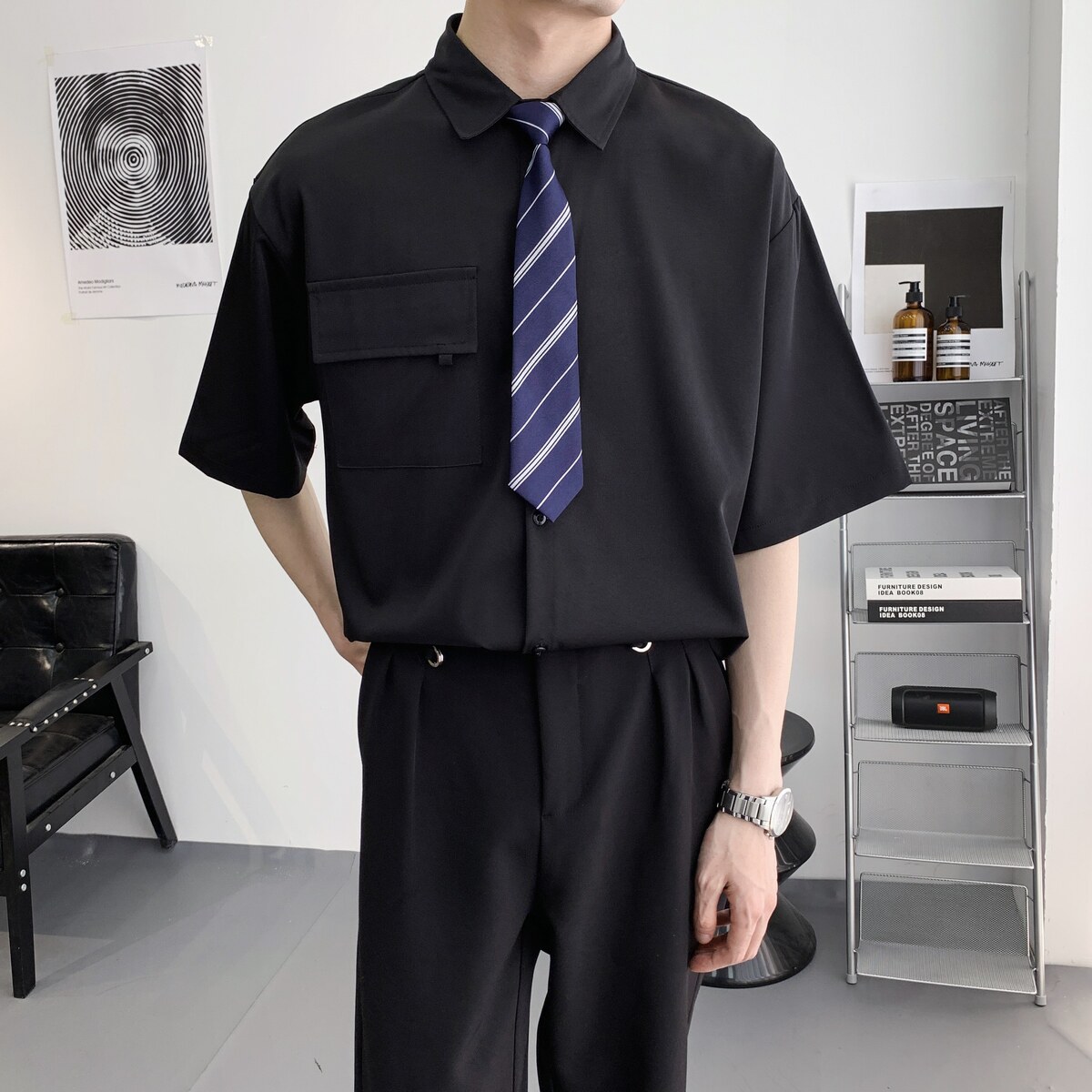 714A-C3054P40控59/2025夏季男女同款工作服衬衫潮流宽松短袖衬衣图片