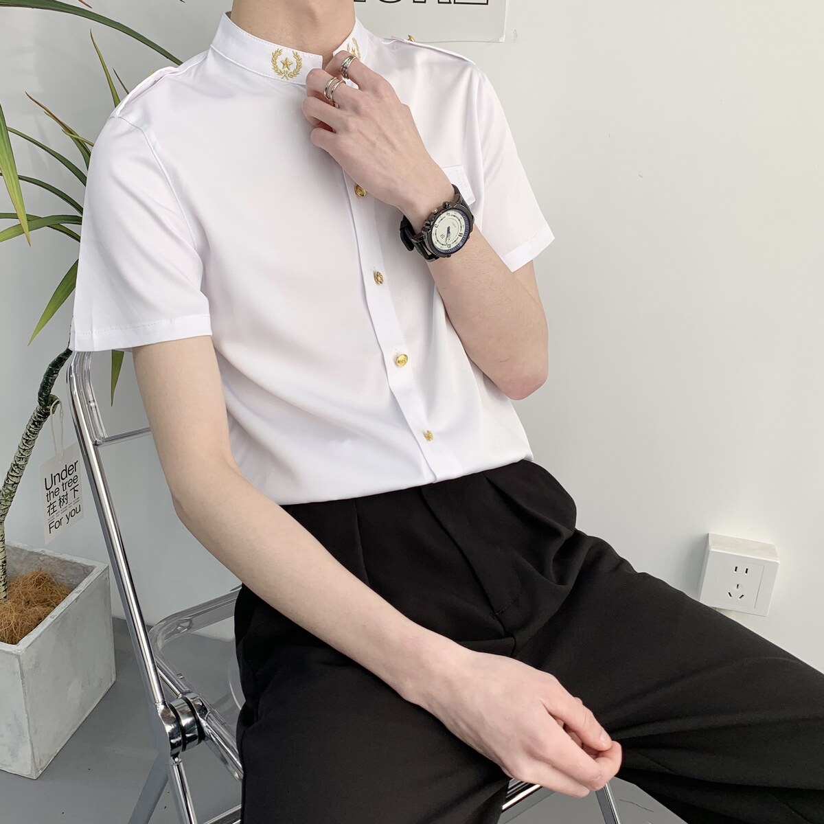 714A-D607P45控69/2025夏季短袖衬衫立领空少制服衬衣ktv酒吧制服图片