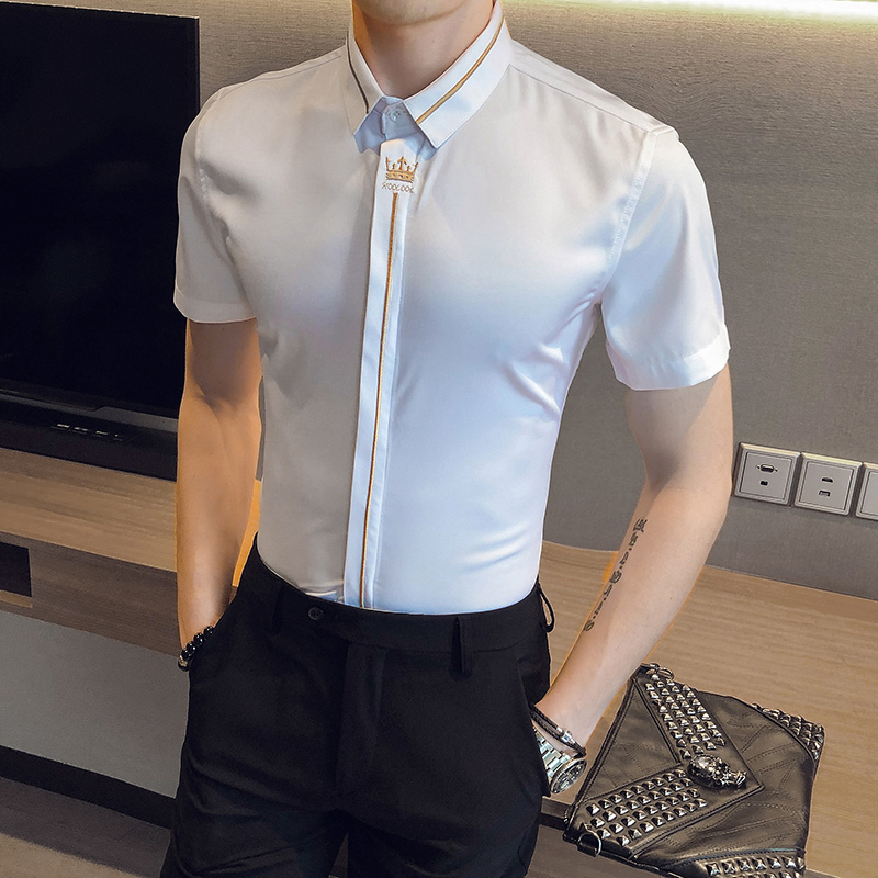 714-C560P40/英伦酒店2025夏季男士短袖衬衫皇冠刺绣衬衣潮S-5XL，男装T恤，星座714(原C313)