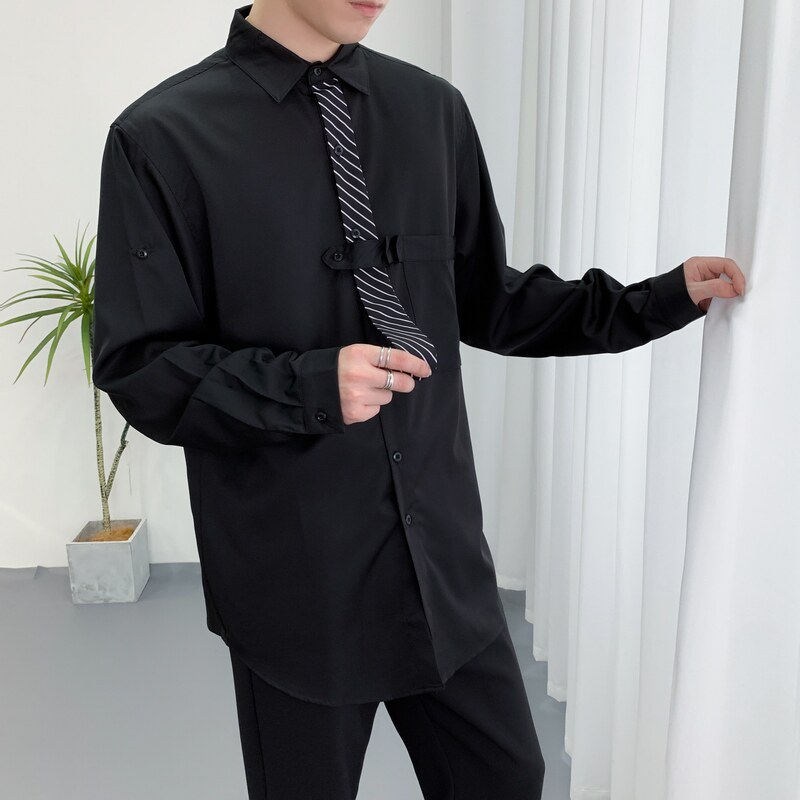 714A-H3009P55控88/2025秋发型师工作服衬衫条纹领带拼接宽松衬衣,男装衬衫,星座714A（原电商C314）