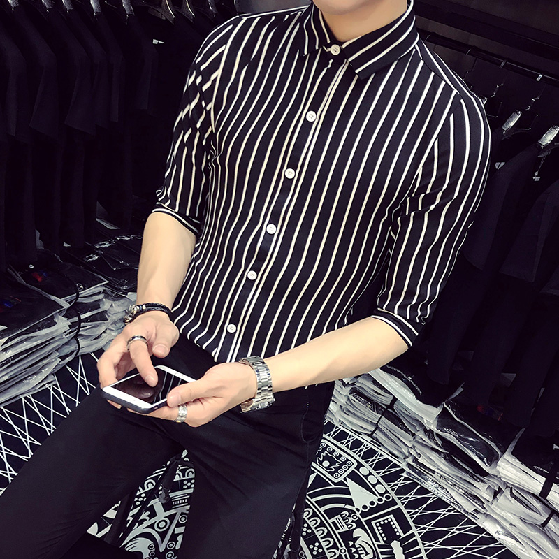 5002/店主风2025韩版男士7分袖中袖衬衫细条纹衬衣男S-5XLP50，男装衬衫，星座714(原C313)