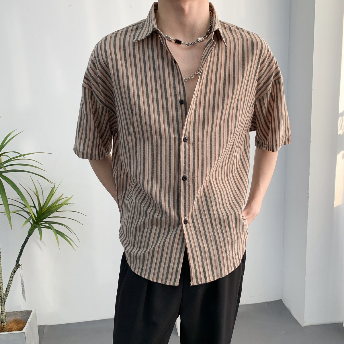 714A-D644P35控49/2025夏季新款条纹短袖衬衫宽松衬衣男女工作服图片