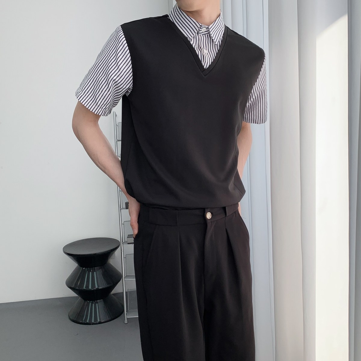 714A-D3081P45控69/2025夏季套头条纹拼接假两件衬衫餐厅咖啡店服，男装衬衫，星座714A（原电商C314）