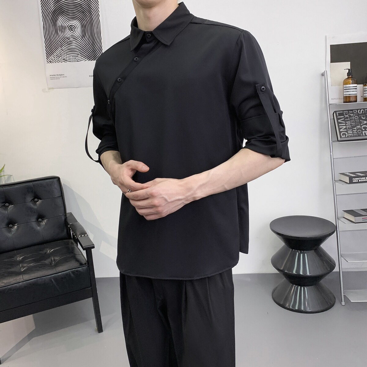 714A-F3063P50控69/2025秋季日系宽松理发店工作服潮流斜门襟衬衫,男装衬衫,星座714A（原电商C314）
