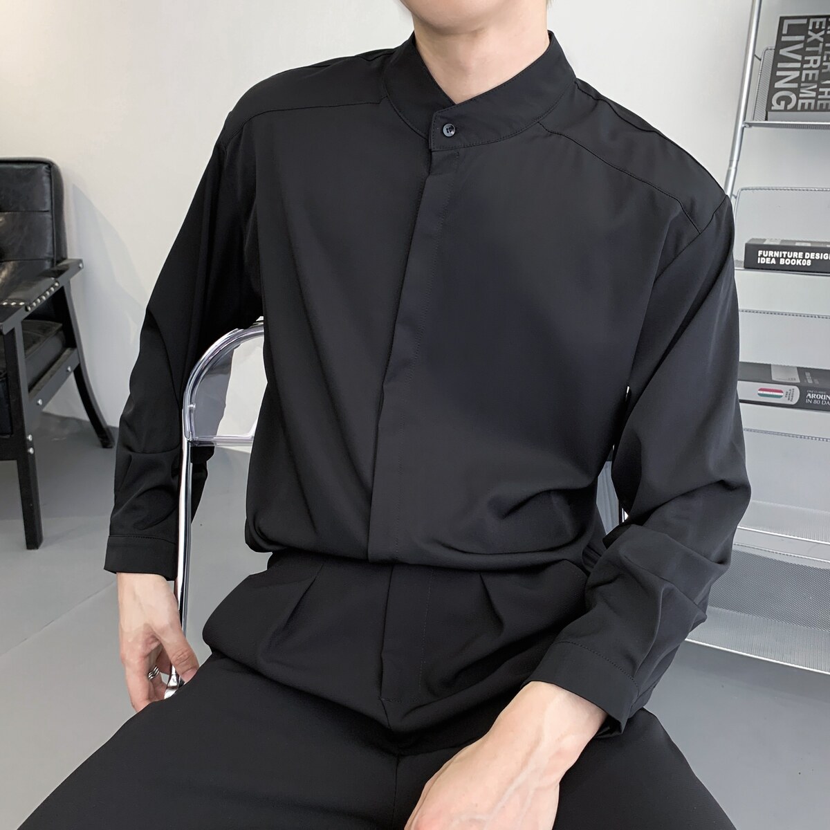 714A-D3042P45控69/2025秋季简约工作服衬衫宽松立领发型师餐厅服,男装衬衫,星座714A（原电商C314）