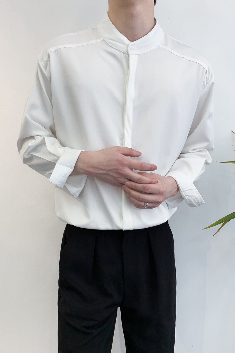 714A-D3042P45控69/2025春季简约立领白衬衫潮男宽松阔版衬衣,男装衬衫,星座714A（原电商C314）