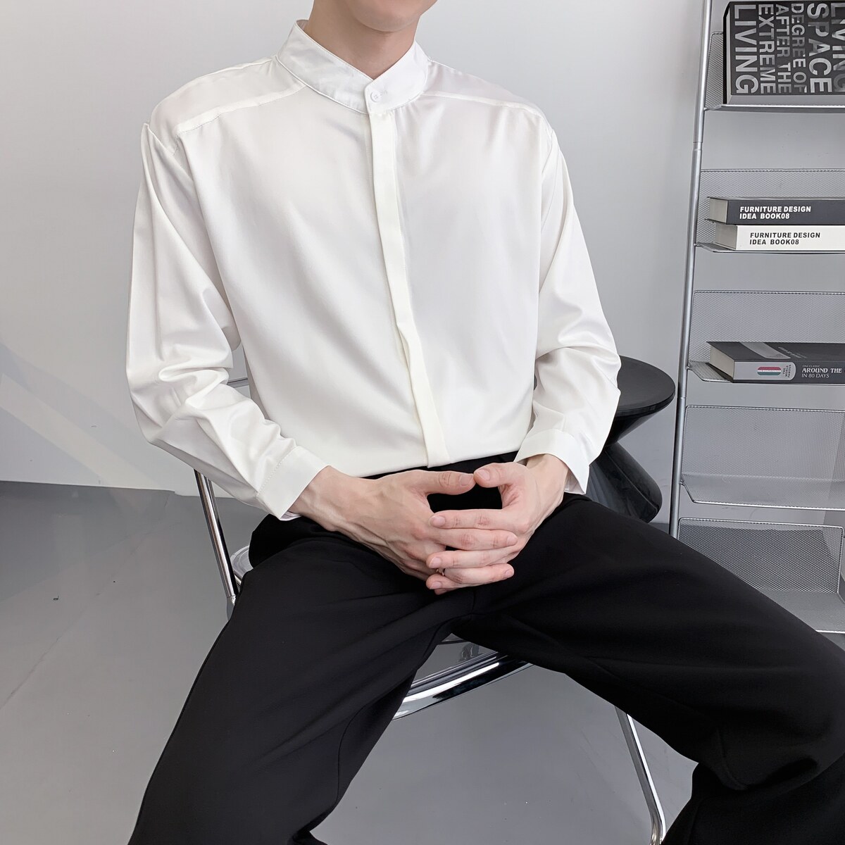 714A-D3042P45控69/2025秋季简约工作服衬衫宽松立领发型师餐厅服图片