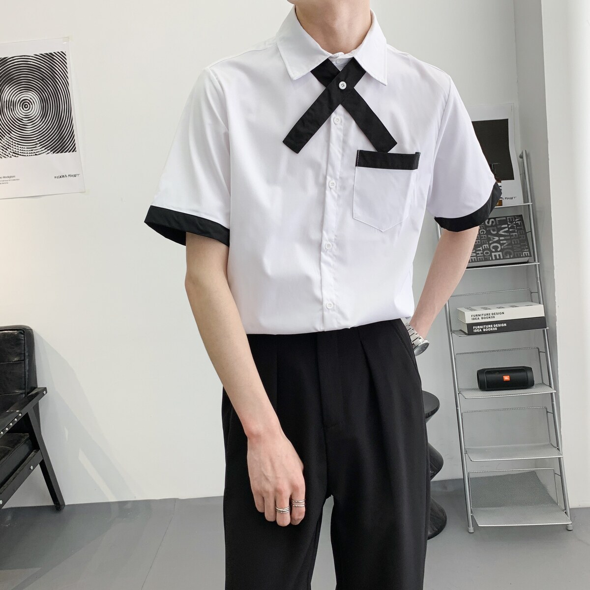 714A-C668P40控59/2025夏季餐厅美发厅奶茶店酒吧工作服衬衫制服图片