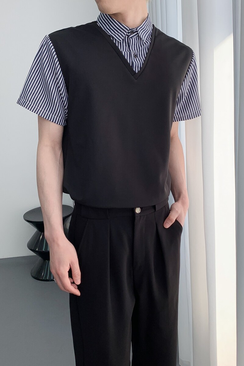 714A-D3081P45控69/2025夏季工作服潮流条纹拼接餐厅奶茶店ktv服,男装衬衫,星座714A（原电商C314）