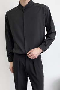 714A-D3042P45控69/2025秋季日系理发店工作服衬衫立领简约白衬衫图片