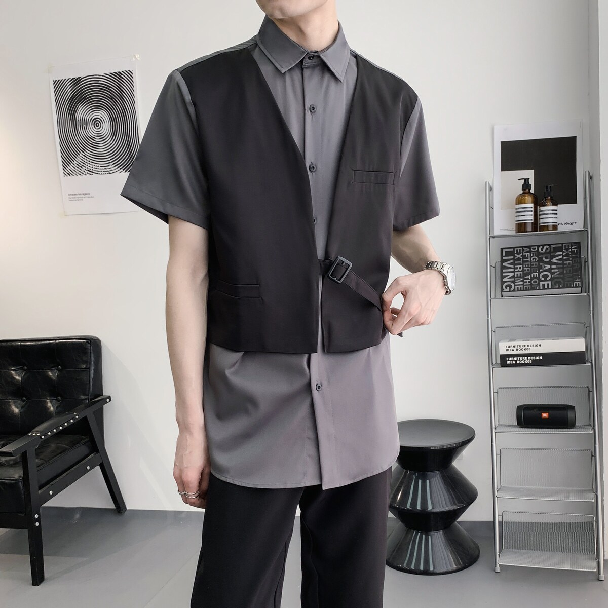 714A-H3012P55控79/2025夏季新款发型师工作服衬衫宽松假两件衬衣图片