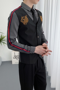 714A-H654P55控88/2025男女团体修身假两件绣花衬衫工作服ktv少爷图片