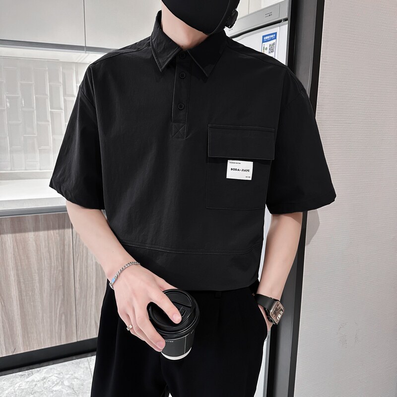 714A-G8030P85控135/2025夏季男翻领T恤潮流宽松日系衬衫领两色入图片