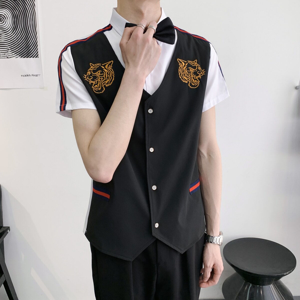 714A-H665P55控79/2025新夏季ktv酒吧理发店餐厅假两件工作服衬衫,男装衬衫,星座714A（原电商C314）