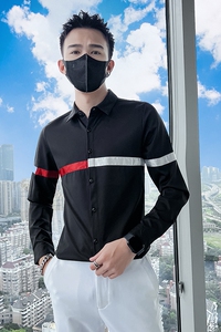 714A-T9067P35控55/2025春季男士撞色织带衬衫修身制服衬衣青少年图片