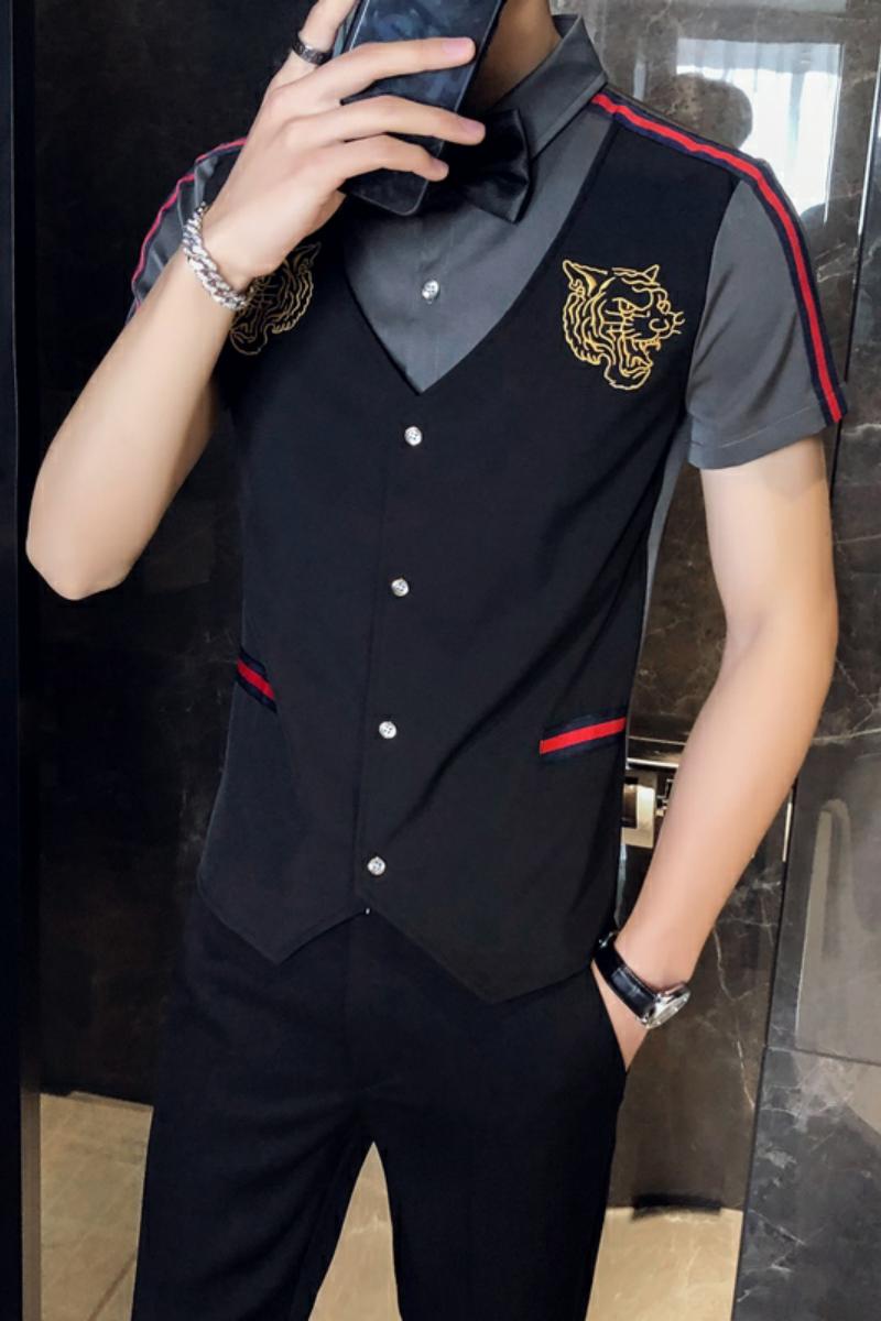 714A-H665P55/店主风2025夏短袖衬衫ktv夜店制服发型师衬衣假两件,男装T恤,星座714A（原电商C314）